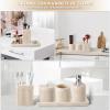 image8Piece Matte Black Bathroom Set  Luxury Resin Bathroom Accessories Sets Complete with Shower Curtain and Rugs Soap Dispenser Toothbrush Holder Cup Apothecary Jars ampamp TrayBeige