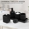 image8Piece Matte Black Bathroom Set  Luxury Resin Bathroom Accessories Sets Complete with Shower Curtain and Rugs Soap Dispenser Toothbrush Holder Cup Apothecary Jars ampamp TrayBlack