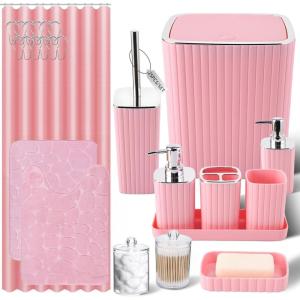 image28PC Bathroom Set  Gorgeous Pink Bathroom Set Bathroom Accessory Set Pink Shower Curtain Set with 5PC Shower CaddiesPinkSilver