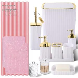image28PC Bathroom Set  Gorgeous Pink Bathroom Set Bathroom Accessory Set Pink Shower Curtain Set with 5PC Shower CaddiesWhiteGold