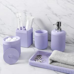 image8Piece Matte Black Bathroom Set  Luxury Resin Bathroom Accessories Sets Complete with Shower Curtain and Rugs Soap Dispenser Toothbrush Holder Cup Apothecary Jars ampamp TrayPurple