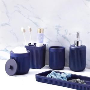 image8Piece Matte Black Bathroom Set  Luxury Resin Bathroom Accessories Sets Complete with Shower Curtain and Rugs Soap Dispenser Toothbrush Holder Cup Apothecary Jars ampamp TrayNavy Blue