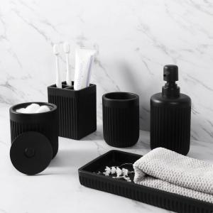 image8Piece Matte Black Bathroom Set  Luxury Resin Bathroom Accessories Sets Complete with Shower Curtain and Rugs Soap Dispenser Toothbrush Holder Cup Apothecary Jars ampamp TrayBlack