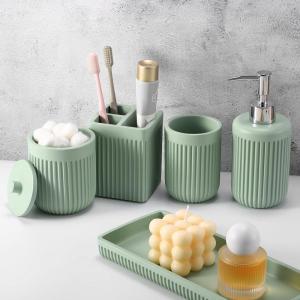 image8Piece Matte Black Bathroom Set  Luxury Resin Bathroom Accessories Sets Complete with Shower Curtain and Rugs Soap Dispenser Toothbrush Holder Cup Apothecary Jars ampamp TrayGreen