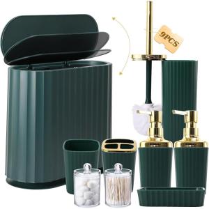 imageDark Green and Gold Bathroom Accessories Set 9PCS Bathroom Sets Slim Narrow Trash Can with Press Top Lid Toilet Brush Soap Dispenser Toothbrush Holder Set Soap Dish for Bathroom Kitchen
