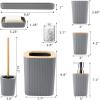 imageGrey Bathroom Accessories Sets Complete 9Piece Bathroom Accessories with Trash Can Vanity Tray Soap Dispenser Soap Dish Toothbrush Holder Toothbrush Cup Toilet Brush and Qtip HoldersHollow Grey