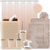 imageGrey Bathroom Accessories Sets Complete 9Piece Bathroom Accessories with Trash Can Vanity Tray Soap Dispenser Soap Dish Toothbrush Holder Toothbrush Cup Toilet Brush and Qtip HoldersBeige