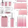 imageGrey Bathroom Accessories Sets Complete 9Piece Bathroom Accessories with Trash Can Vanity Tray Soap Dispenser Soap Dish Toothbrush Holder Toothbrush Cup Toilet Brush and Qtip HoldersDark Pink