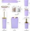 imageGrey Bathroom Accessories Sets Complete 9Piece Bathroom Accessories with Trash Can Vanity Tray Soap Dispenser Soap Dish Toothbrush Holder Toothbrush Cup Toilet Brush and Qtip HoldersPurple and Gold