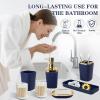 imageGrey Bathroom Accessories Sets Complete 9Piece Bathroom Accessories with Trash Can Vanity Tray Soap Dispenser Soap Dish Toothbrush Holder Toothbrush Cup Toilet Brush and Qtip HoldersNavy Blue and Gold