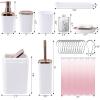 imageGrey Bathroom Accessories Sets Complete 9Piece Bathroom Accessories with Trash Can Vanity Tray Soap Dispenser Soap Dish Toothbrush Holder Toothbrush Cup Toilet Brush and Qtip HoldersWhite
