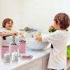 imageGrey Bathroom Accessories Sets Complete 9Piece Bathroom Accessories with Trash Can Vanity Tray Soap Dispenser Soap Dish Toothbrush Holder Toothbrush Cup Toilet Brush and Qtip HoldersDark Pink