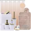 imageGrey Bathroom Accessories Sets Complete 9Piece Bathroom Accessories with Trash Can Vanity Tray Soap Dispenser Soap Dish Toothbrush Holder Toothbrush Cup Toilet Brush and Qtip HoldersWhite and Gold