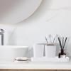 imageGrey Bathroom Accessories Sets Complete 9Piece Bathroom Accessories with Trash Can Vanity Tray Soap Dispenser Soap Dish Toothbrush Holder Toothbrush Cup Toilet Brush and Qtip HoldersWhite