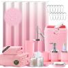 imageGrey Bathroom Accessories Sets Complete 9Piece Bathroom Accessories with Trash Can Vanity Tray Soap Dispenser Soap Dish Toothbrush Holder Toothbrush Cup Toilet Brush and Qtip HoldersPink