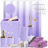 imageGrey Bathroom Accessories Sets Complete 9Piece Bathroom Accessories with Trash Can Vanity Tray Soap Dispenser Soap Dish Toothbrush Holder Toothbrush Cup Toilet Brush and Qtip HoldersPurple and Gold