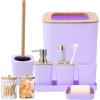 imageGrey Bathroom Accessories Sets Complete 9Piece Bathroom Accessories with Trash Can Vanity Tray Soap Dispenser Soap Dish Toothbrush Holder Toothbrush Cup Toilet Brush and Qtip HoldersHollow Light Purple