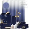 imageGrey Bathroom Accessories Sets Complete 9Piece Bathroom Accessories with Trash Can Vanity Tray Soap Dispenser Soap Dish Toothbrush Holder Toothbrush Cup Toilet Brush and Qtip HoldersNavy Blue and Gold