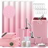 imageGrey Bathroom Accessories Sets Complete 9Piece Bathroom Accessories with Trash Can Vanity Tray Soap Dispenser Soap Dish Toothbrush Holder Toothbrush Cup Toilet Brush and Qtip HoldersDark Pink