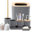 imageGrey Bathroom Accessories Sets Complete 9Piece Bathroom Accessories with Trash Can Vanity Tray Soap Dispenser Soap Dish Toothbrush Holder Toothbrush Cup Toilet Brush and Qtip HoldersHollow Grey