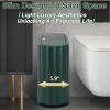imageSmall Bathroom Trash Can with Press Type Lid Toilet Brush and Holder SetSlim Dark Green Bathroom Garbage Can Slim Narrow Trash Bin 26 Gallon Garbage Bin