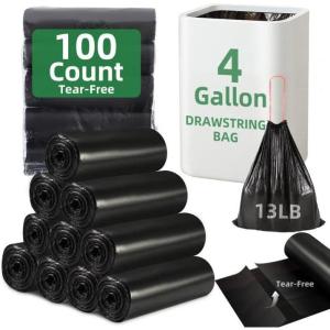 image100 Counts 4 Gallon Trash Bag Drawstring Small Trash Bags Thick Preseparated Garbage Bags Trash Bin Liners Suitable for bathroom kitchen bedroom office BlackBlack1004Gal