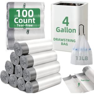 image100 Counts 4 Gallon Trash Bag Drawstring Small Trash Bags Thick Preseparated Garbage Bags Trash Bin Liners Suitable for bathroom kitchen bedroom office BlackWhite1004Gal