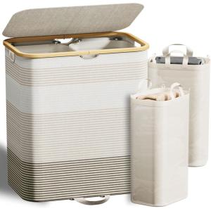 image160L Double Laundry Hamper with Lid Dirty Clothes Hamper with 2 Removable Bags Beige Laundry Hamper 2 section with Bamboo Handles Easy to Carry for Bedroom Bathroom Dorm CollegeBeige Gradient