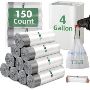 image4 Gallon Small Trash Bags 225 Counts Extra Strong Drawstring Bathroom Trash Bags Small Garbage Bags Clear Trash Bag for Bathroom Bedroom Office Kitchen Trash CanWhite1504Gal