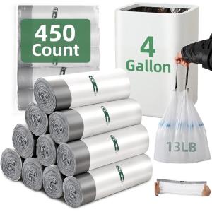 image4 Gallon Small Trash Bags 225 Counts Extra Strong Drawstring Bathroom Trash Bags Small Garbage Bags Clear Trash Bag for Bathroom Bedroom Office Kitchen Trash CanWhite4504Gal
