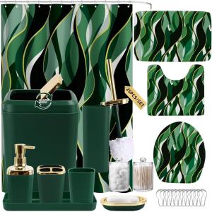 imageBathroom Set  Orange Bathroom Accessories Set Bathroom Sets with Shower Curtain and Rugs Orange Shower Curtain Set with Bathroom Trash Can Soap Dispenser Soap Dish for Home DecorStripe Green  Gold