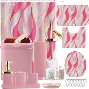imageBathroom Set  Orange Bathroom Accessories Set Bathroom Sets with Shower Curtain and Rugs Orange Shower Curtain Set with Bathroom Trash Can Soap Dispenser Soap Dish for Home DecorStripe Pink  Gold