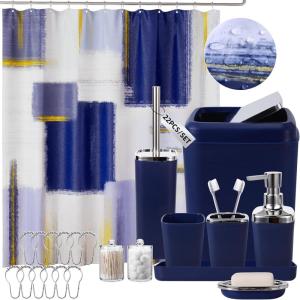 imageBathroom Set  Orange Bathroom Accessories Set Bathroom Sets with Shower Curtain and Rugs Orange Shower Curtain Set with Bathroom Trash Can Soap Dispenser Soap Dish for Home DecorPlaid Blue  Silver