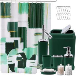 imageBathroom Set  Orange Bathroom Accessories Set Bathroom Sets with Shower Curtain and Rugs Orange Shower Curtain Set with Bathroom Trash Can Soap Dispenser Soap Dish for Home DecorPlaid Green  Silver