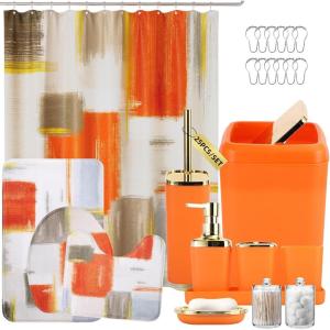 imageBathroom Set  Orange Bathroom Accessories Set Bathroom Sets with Shower Curtain and Rugs Orange Shower Curtain Set with Bathroom Trash Can Soap Dispenser Soap Dish for Home DecorPlaid Orange  Gold