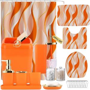 imageBathroom Set  Orange Bathroom Accessories Set Bathroom Sets with Shower Curtain and Rugs Orange Shower Curtain Set with Bathroom Trash Can Soap Dispenser Soap Dish for Home DecorStripe Orange  Gold