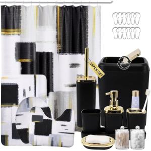 imageBathroom Set  Orange Bathroom Accessories Set Bathroom Sets with Shower Curtain and Rugs Orange Shower Curtain Set with Bathroom Trash Can Soap Dispenser Soap Dish for Home DecorPlaid Black  Gold