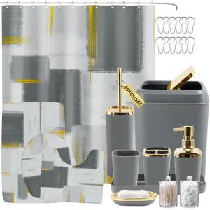 imageBathroom Set  Orange Bathroom Accessories Set Bathroom Sets with Shower Curtain and Rugs Orange Shower Curtain Set with Bathroom Trash Can Soap Dispenser Soap Dish for Home DecorPlaid Grey  Gold