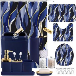 imageBathroom Set  Orange Bathroom Accessories Set Bathroom Sets with Shower Curtain and Rugs Orange Shower Curtain Set with Bathroom Trash Can Soap Dispenser Soap Dish for Home DecorStripe Blue  Gold