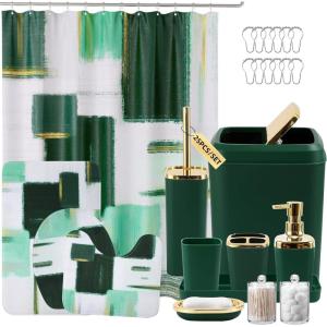 imageBathroom Set  Orange Bathroom Accessories Set Bathroom Sets with Shower Curtain and Rugs Orange Shower Curtain Set with Bathroom Trash Can Soap Dispenser Soap Dish for Home DecorPlaid Green  Gold