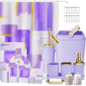 imageBathroom Set  Orange Bathroom Accessories Set Bathroom Sets with Shower Curtain and Rugs Orange Shower Curtain Set with Bathroom Trash Can Soap Dispenser Soap Dish for Home DecorPlaid Purple  Gold
