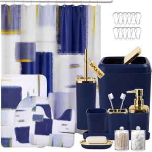 imageBathroom Set  Orange Bathroom Accessories Set Bathroom Sets with Shower Curtain and Rugs Orange Shower Curtain Set with Bathroom Trash Can Soap Dispenser Soap Dish for Home DecorPlaid Blue  Gold