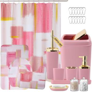 imageBathroom Set  Orange Bathroom Accessories Set Bathroom Sets with Shower Curtain and Rugs Orange Shower Curtain Set with Bathroom Trash Can Soap Dispenser Soap Dish for Home DecorPlaid Pink  Gold