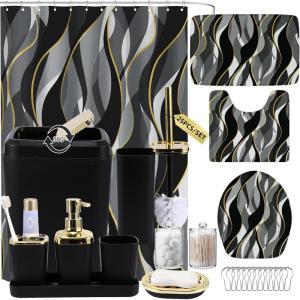imageBathroom Set  Orange Bathroom Accessories Set Bathroom Sets with Shower Curtain and Rugs Orange Shower Curtain Set with Bathroom Trash Can Soap Dispenser Soap Dish for Home DecorStripe Black  Gold