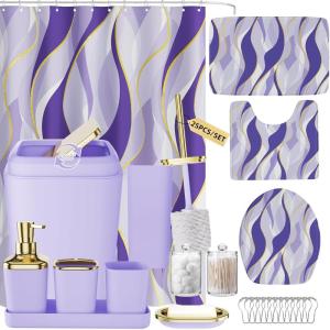 imageBathroom Set  Orange Bathroom Accessories Set Bathroom Sets with Shower Curtain and Rugs Orange Shower Curtain Set with Bathroom Trash Can Soap Dispenser Soap Dish for Home DecorStripe Purple  Gold