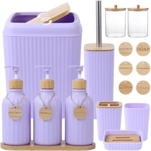 imageBathroom Set 17PCS Beige Bathroom Accessories Set Bathroom Sets with Trash Can 3PCS Lotion Soap Dispenser Toothbrush Holder6PCS Wood Tags Bathroom Accessories for Kitchen BathroomLight Purple