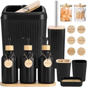imageBathroom Set 17PCS Beige Bathroom Accessories Set Bathroom Sets with Trash Can 3PCS Lotion Soap Dispenser Toothbrush Holder6PCS Wood Tags Bathroom Accessories for Kitchen BathroomBlack
