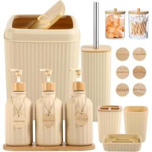 imageBathroom Set 17PCS Beige Bathroom Accessories Set Bathroom Sets with Trash Can 3PCS Lotion Soap Dispenser Toothbrush Holder6PCS Wood Tags Bathroom Accessories for Kitchen BathroomBeige