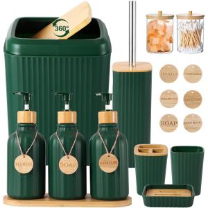 imageBathroom Set 17PCS Beige Bathroom Accessories Set Bathroom Sets with Trash Can 3PCS Lotion Soap Dispenser Toothbrush Holder6PCS Wood Tags Bathroom Accessories for Kitchen BathroomDark Green