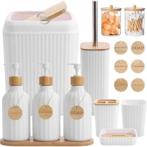 imageBathroom Set 17PCS Beige Bathroom Accessories Set Bathroom Sets with Trash Can 3PCS Lotion Soap Dispenser Toothbrush Holder6PCS Wood Tags Bathroom Accessories for Kitchen BathroomWhite